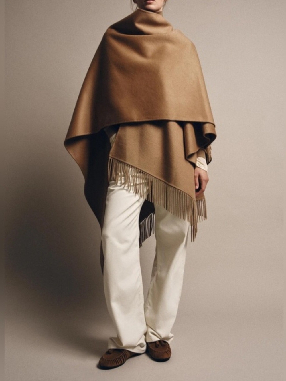 Zara Mid-Camel Wool Blend Fringed Open Long Cape